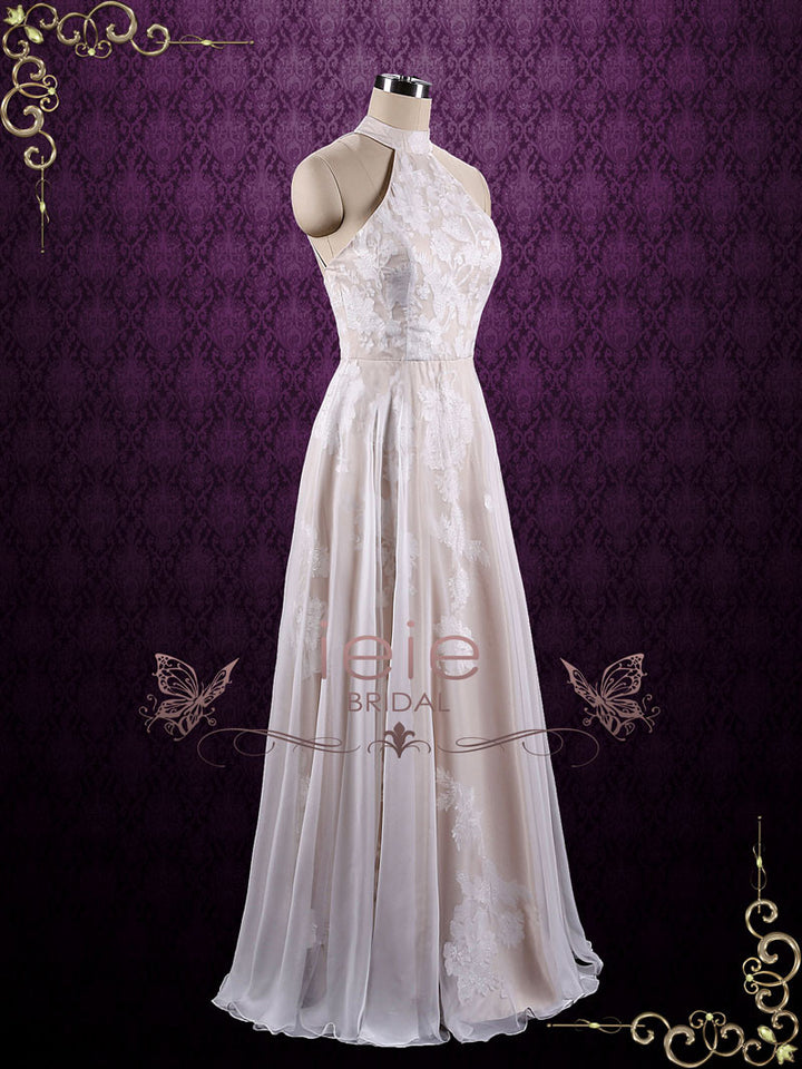 Boho Halter Lace Chiffon Wedding Dress Azalea Size 18w / Champagne Boho Halter Lace Chiffon Wedding Dress Azalea Size 18w / Champagne