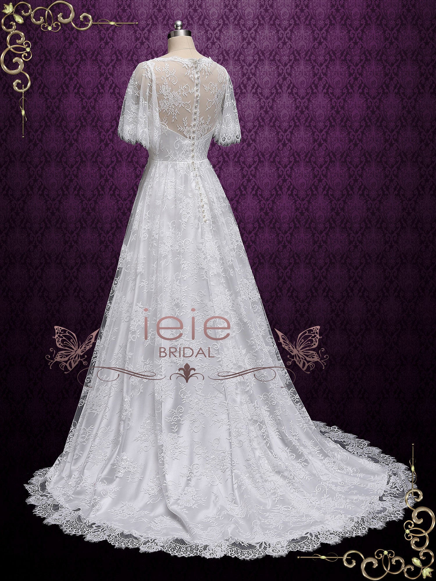 white wedding dress with purple butterflies Lauren Elaine Aurelia