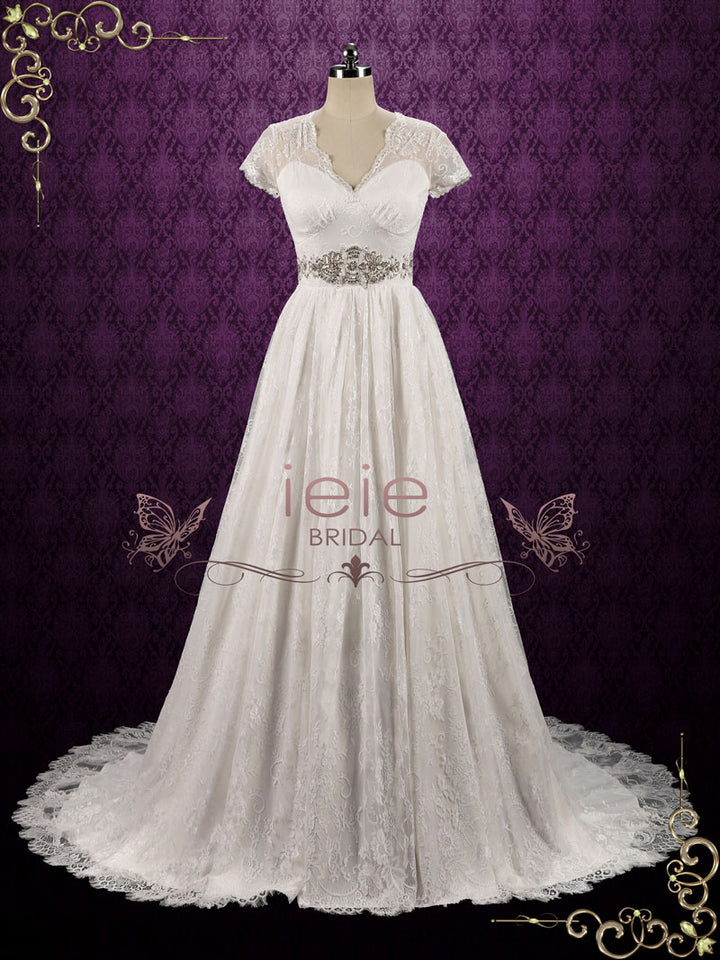 Boho Vintage Style Lace Wedding Dress with Short Sleeves CHELSEA