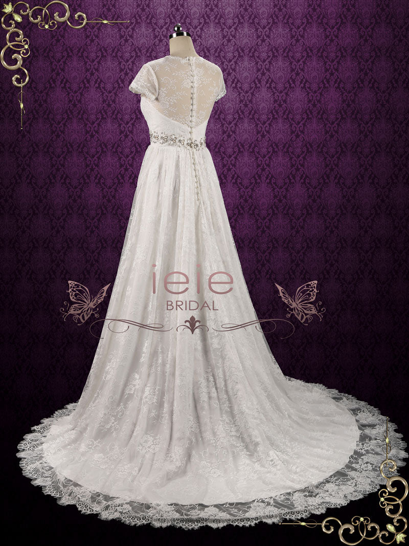 boho lace wedding dress with short sleeves Vintage Boho Lace Two Piece Summer Wedding Dress Destination Floral Modest Bateau Lace Short Sleeve Satin Gown with Pleats and Sweep Train