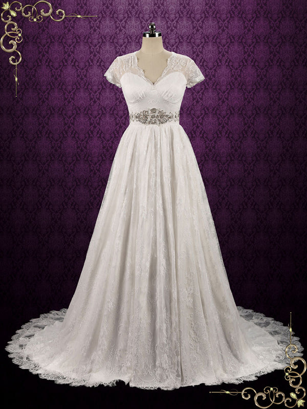 Boho Vintage Style Lace Wedding Dress with Short Sleeves CHELSEA