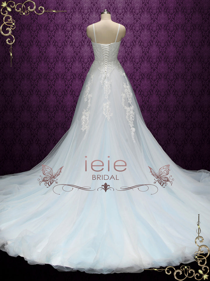 Boho Light Blue Lace Wedding Dress | SAFFERN Size 8 / Blue / Cathedral Train Boho Light Blue Lace Wedding Dress | SAFFERN Size 8 / Blue / Cathedral Train
