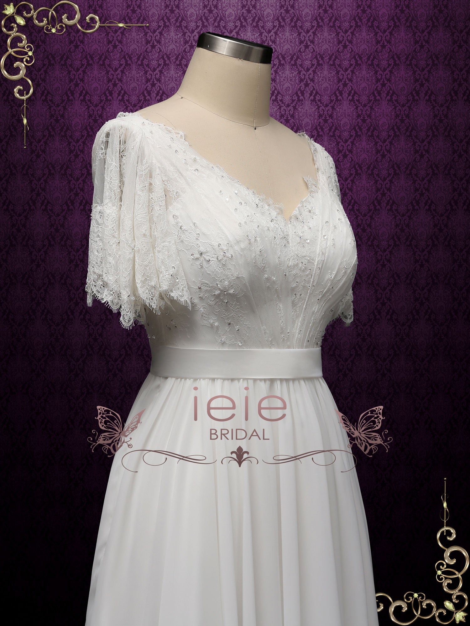 Boho Style Vintage Lace Chiffon Wedding Dress | PATRICIA