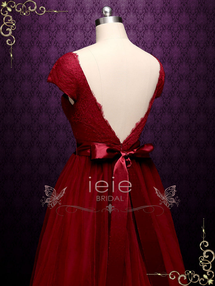 Ready to Ship Burgundy Lace A-line Wedding Dress with Short Sleeves LI ieie Ready to Ship Burgundy Lace A-line Wedding Dress with Short Sleeves LI ieie