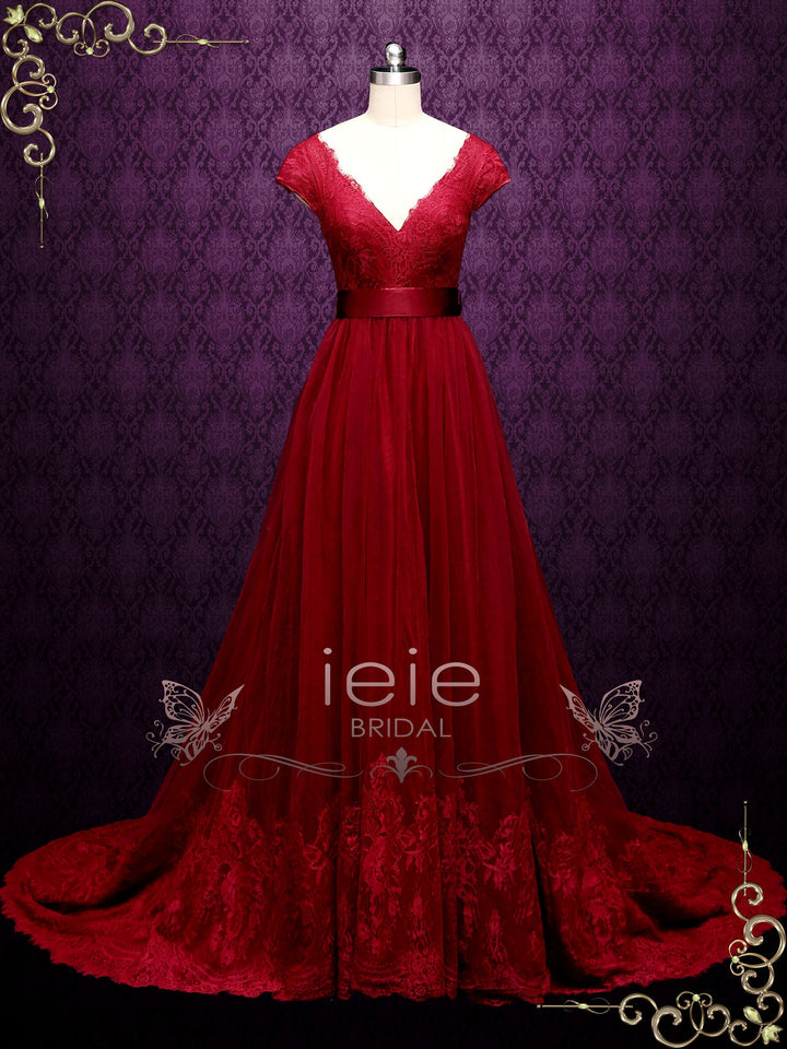 Ready to Ship Burgundy Lace A-line Wedding Dress with Short Sleeves LINDEN