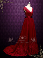 Ready to Ship Burgundy Lace A-line Wedding Dress with Short Sleeves LINDEN