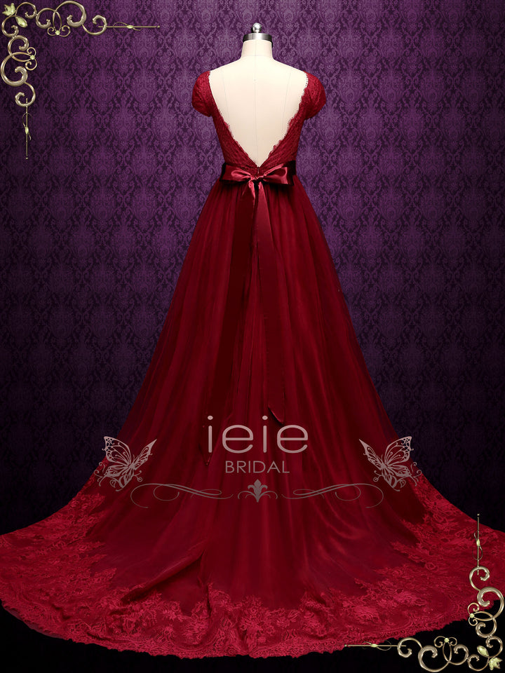 Burgundy Lace A-line Wedding Dress with Short Sleeves LINDEN