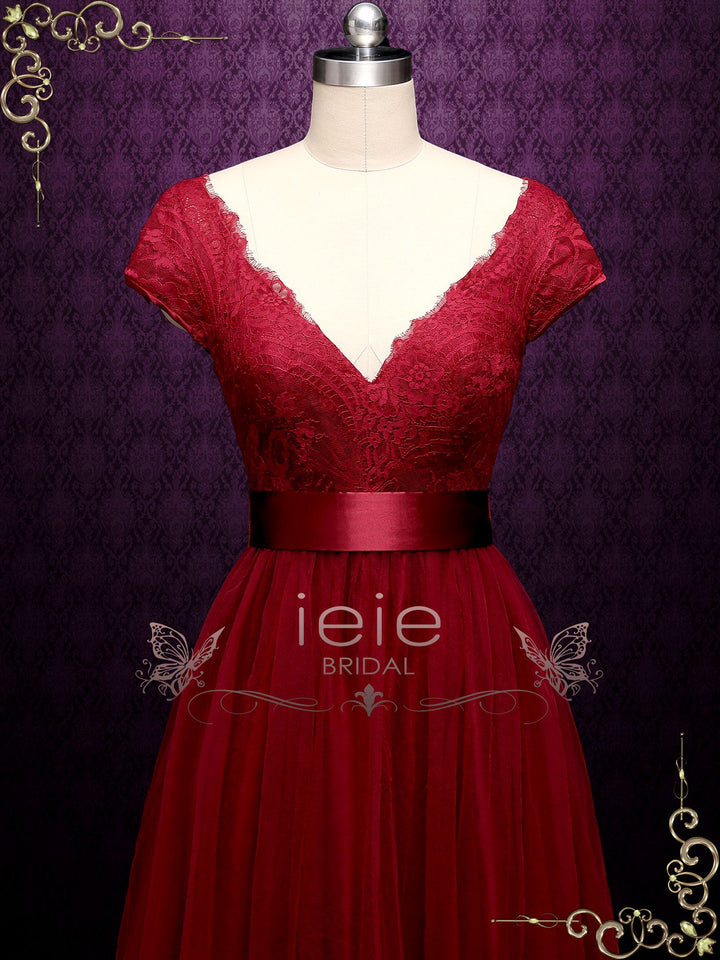 Ready to Ship Burgundy Lace A-line Wedding Dress with Short Sleeves LINDEN