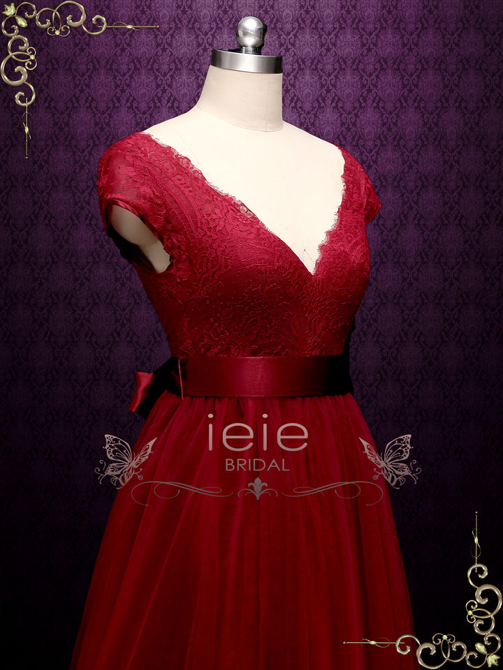 Burgundy Lace A-line Wedding Dress with Short Sleeves LINDEN