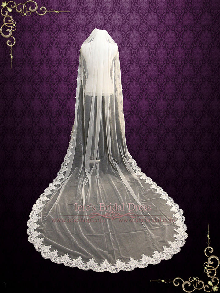 Cathedral Length Lace Wedding Veil Gathered at Top | VG1050