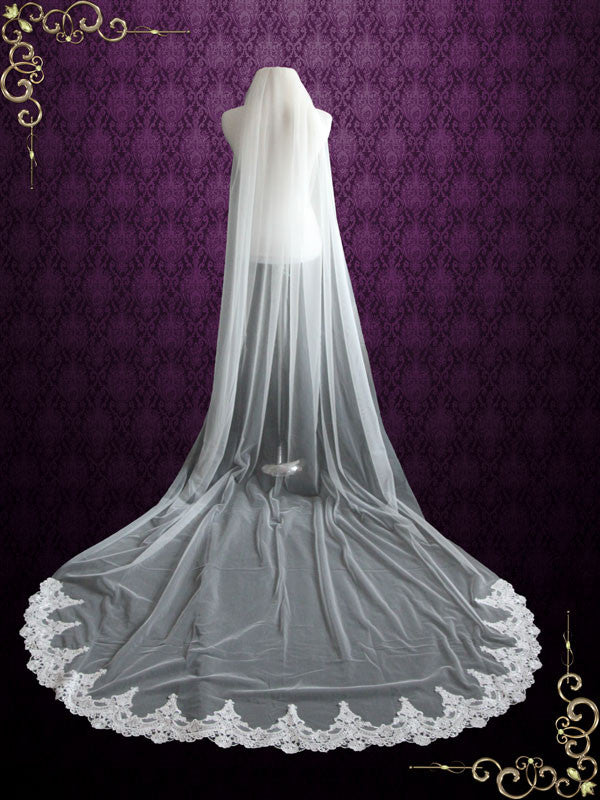 Cathedral Length Soft Tulle Wedding Veil with Laces at the End VG1046