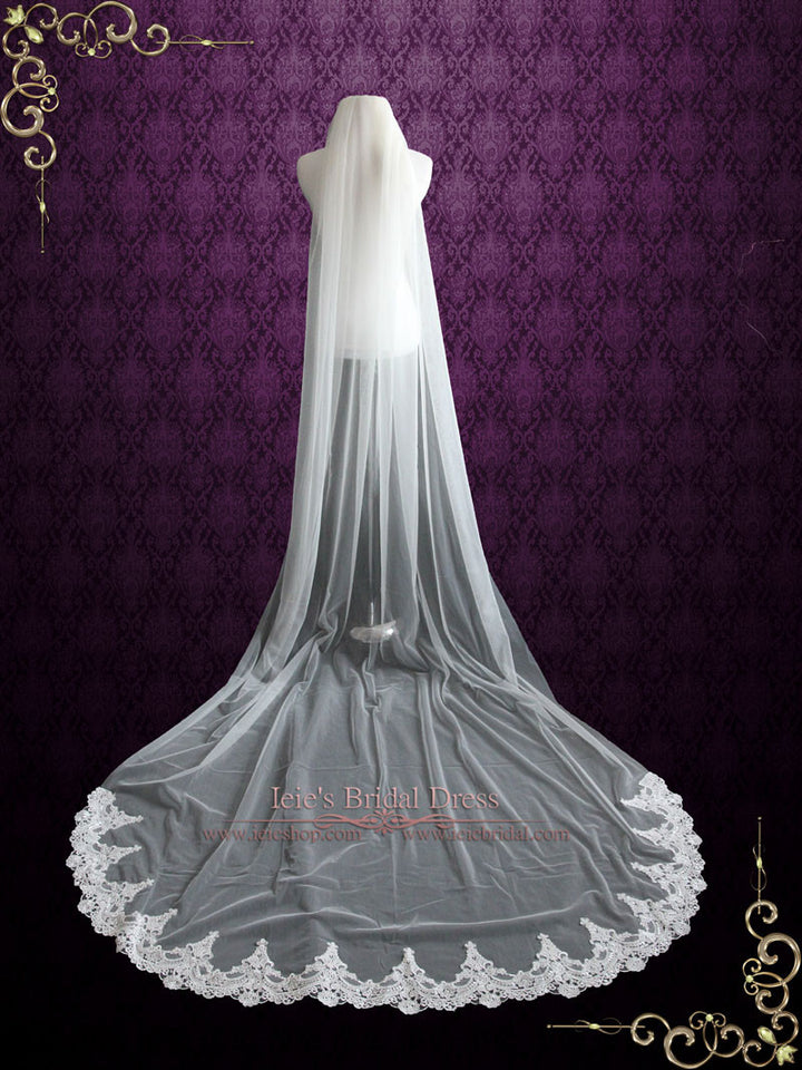 Cathedral Length Soft Tulle Wedding Veil with Laces at the End VG1046
