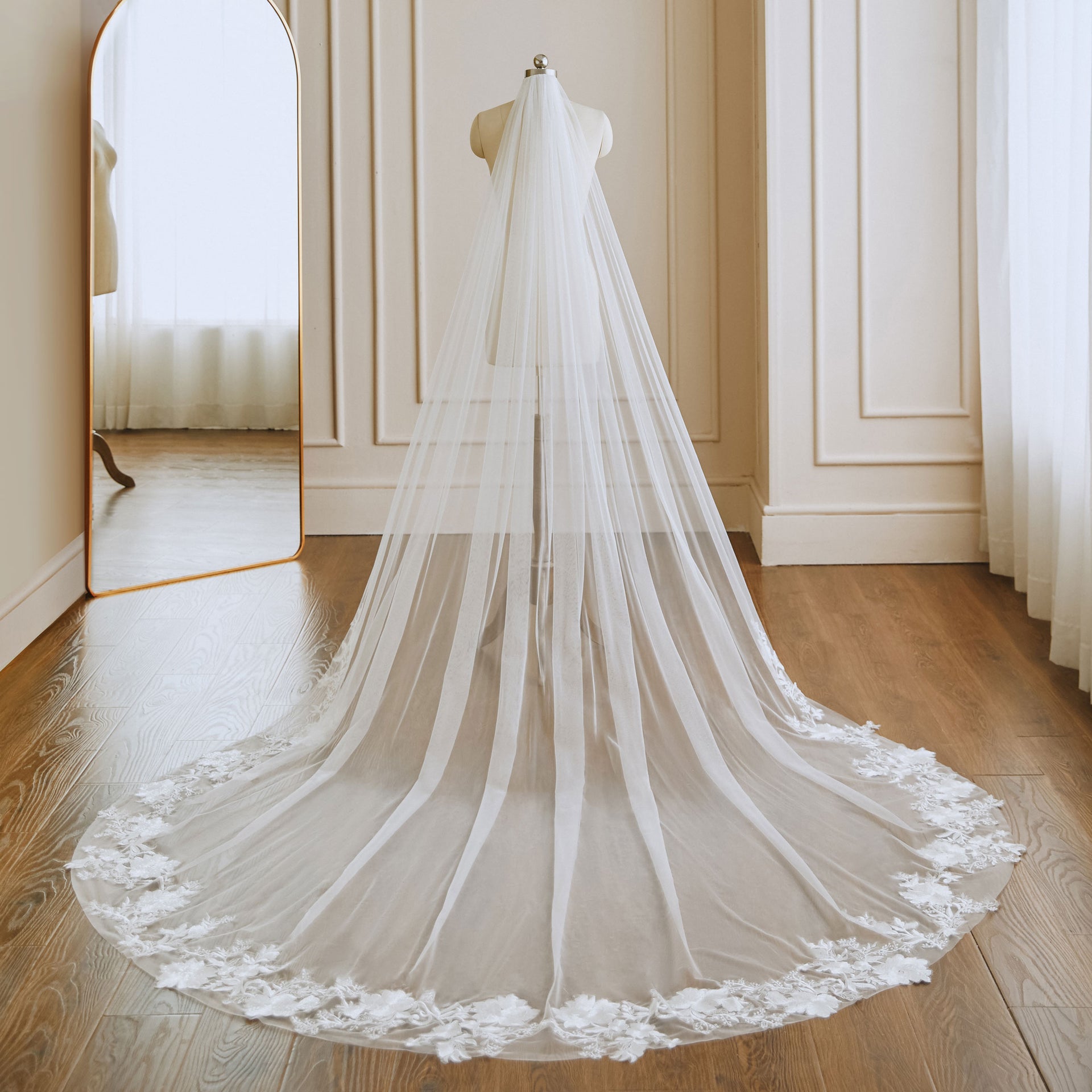 long sleeve wedding dress with cathedral veil DreamDress By PMN Izia Wedding Veil Soft Tulle Floral Scalloped Lace Cathedral | Size: Cathedral