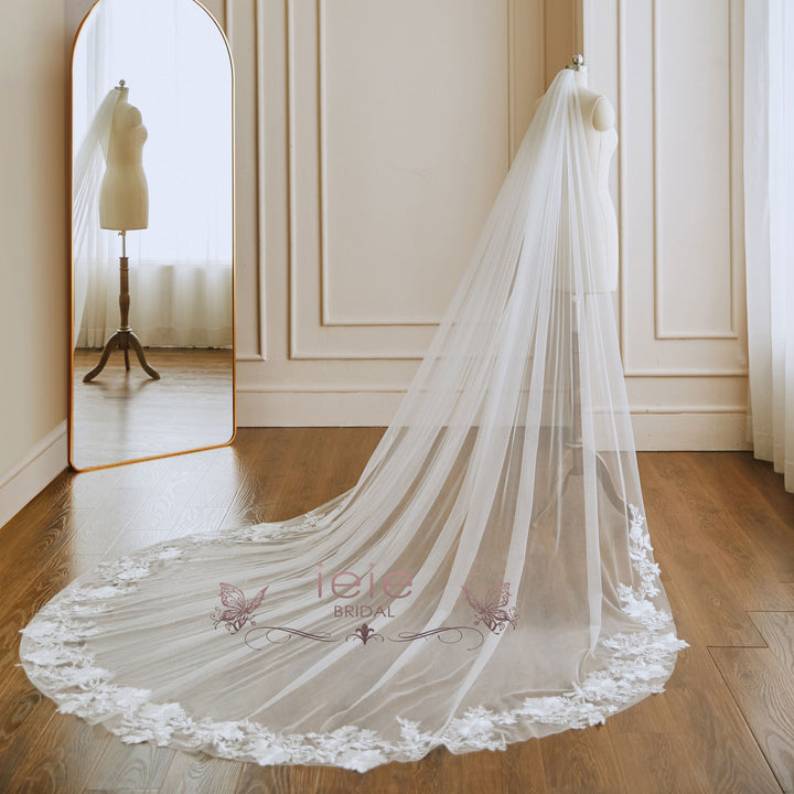 Cathedral Length Wedding Veil with Lace around Train VG3039