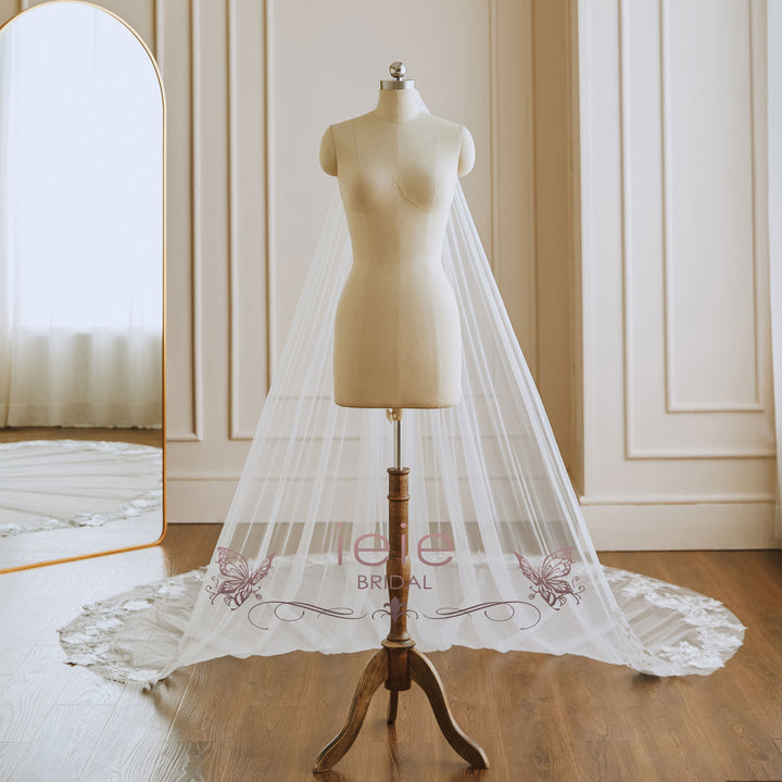 Cathedral Length Wedding Veil with Lace around Train VG3039