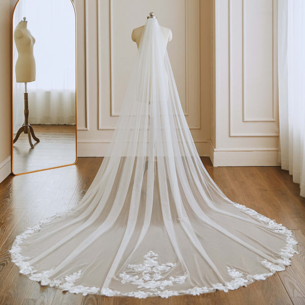 Cathedral Long Wedding Veil with Lace at Train VG3033