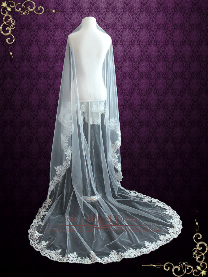 Cathedral Length Mantilla Veil with Floral Lace Edge VG1078