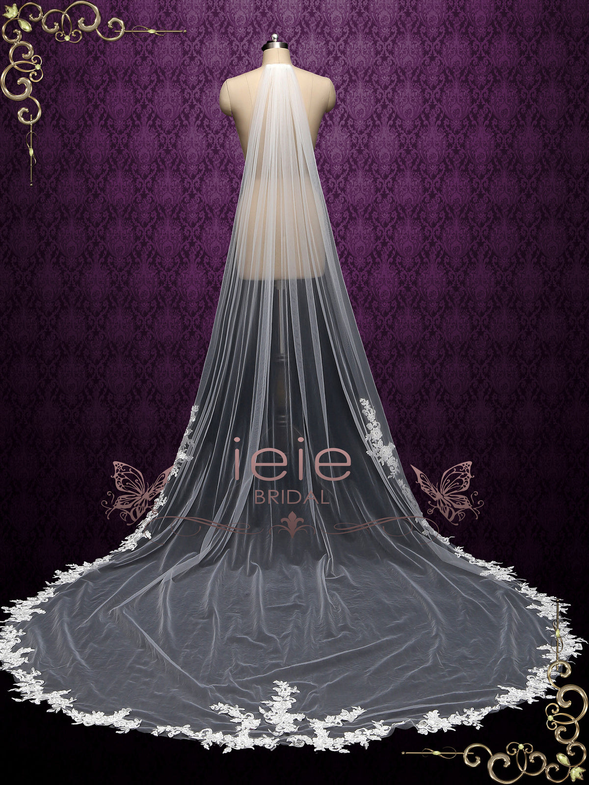 Long Lace Wedding Veil with Floral Applique on Train VG2022