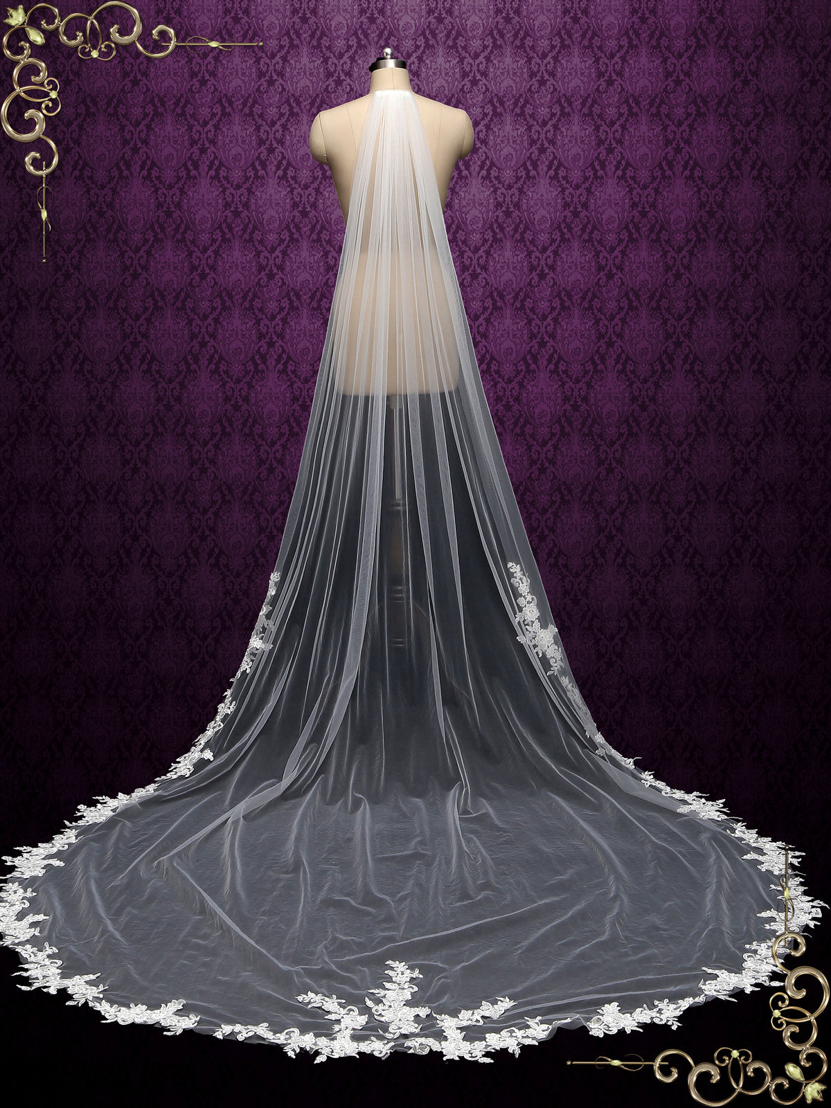 Long Lace Wedding Veil with Floral Applique on Train VG2022
