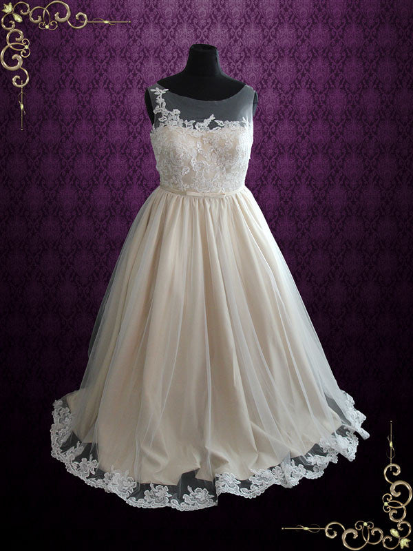 Plus Size Ball Gown Lace Wedding Dress with Illusion Neckline | Kara