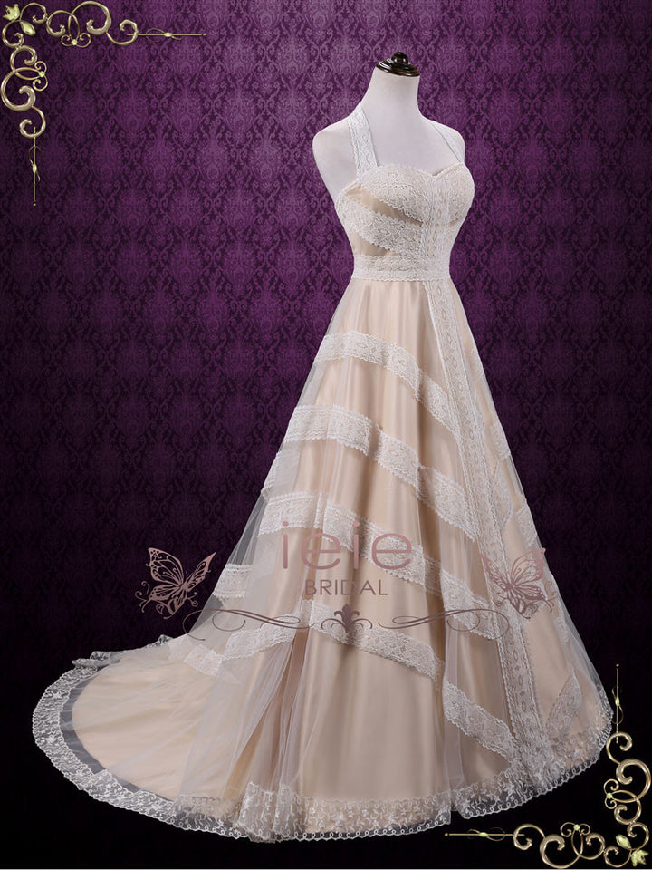 Boho Halter Lace  A-line Wedding Dress JUDY