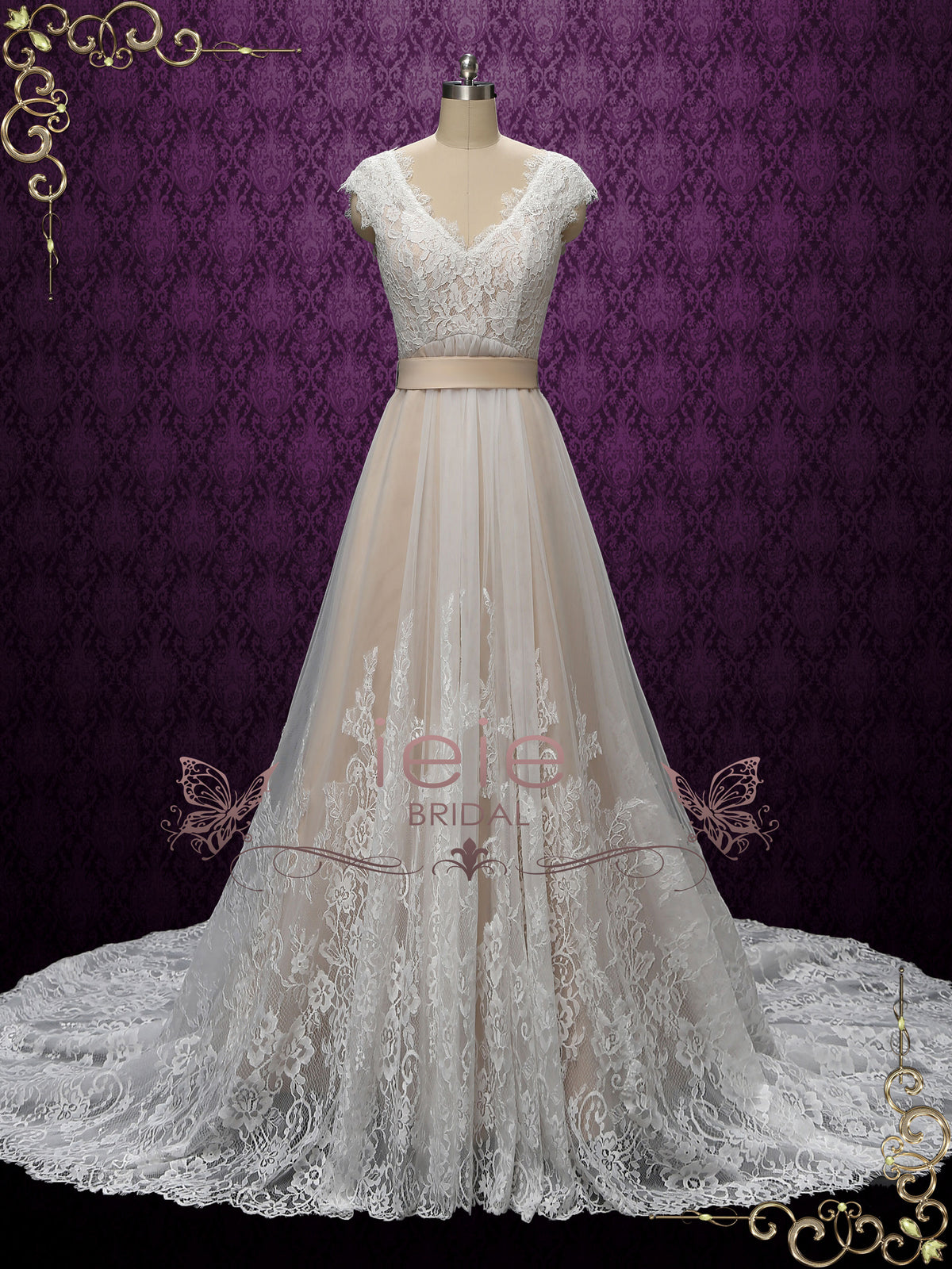Vintage Champagne Lace Wedding Dress