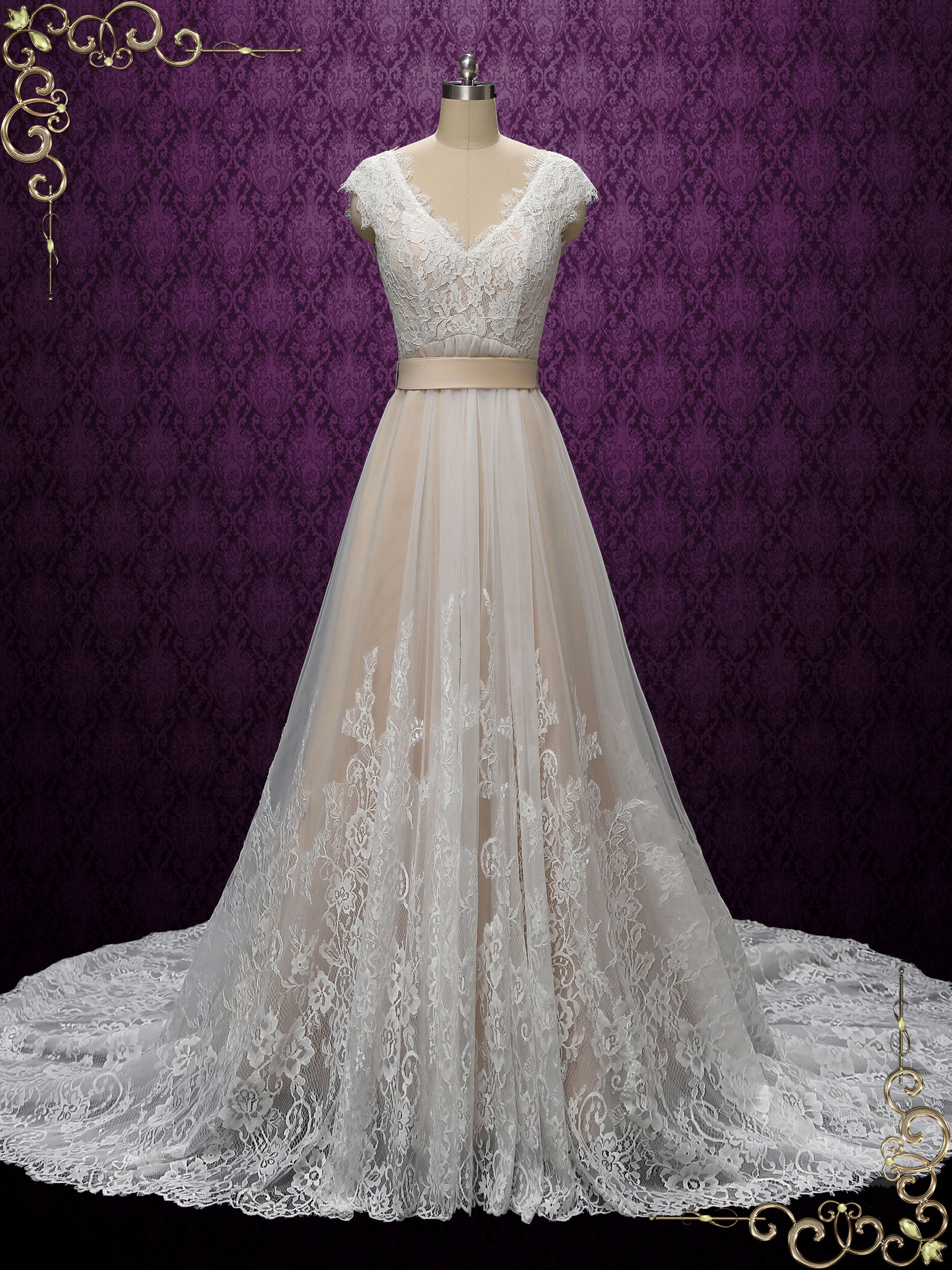 vintage a line wedding dresses Vintage Champagne Lace Wedding Dress