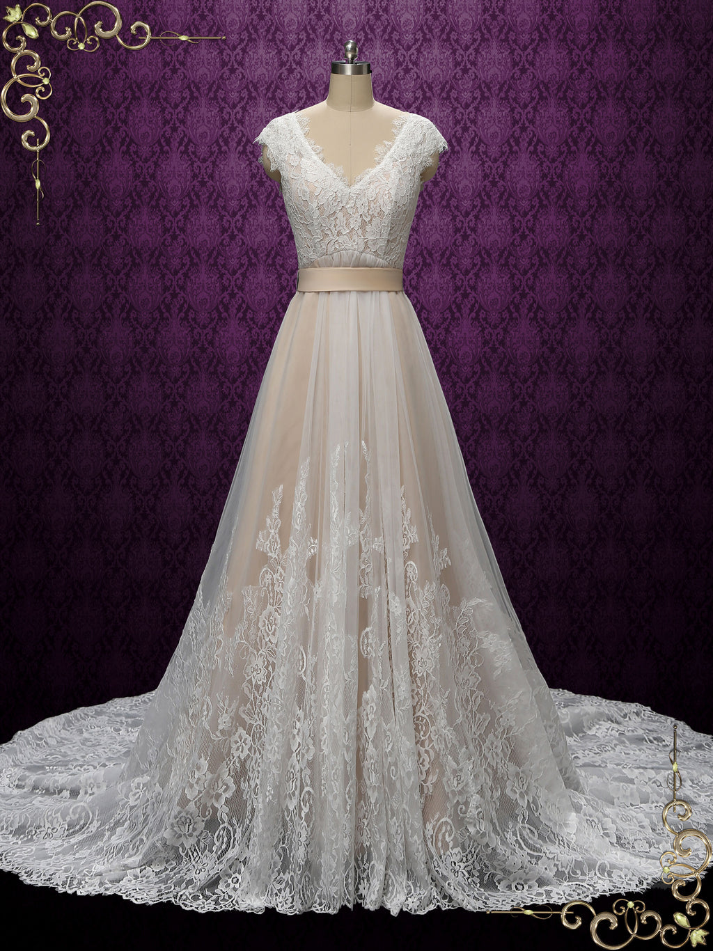 Vintage Champagne Lace Wedding Dress