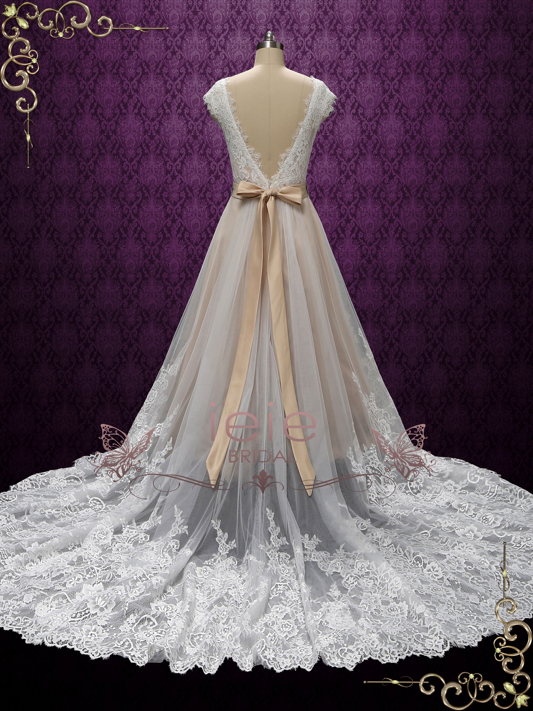 Vintage Champagne Lace Wedding Dress