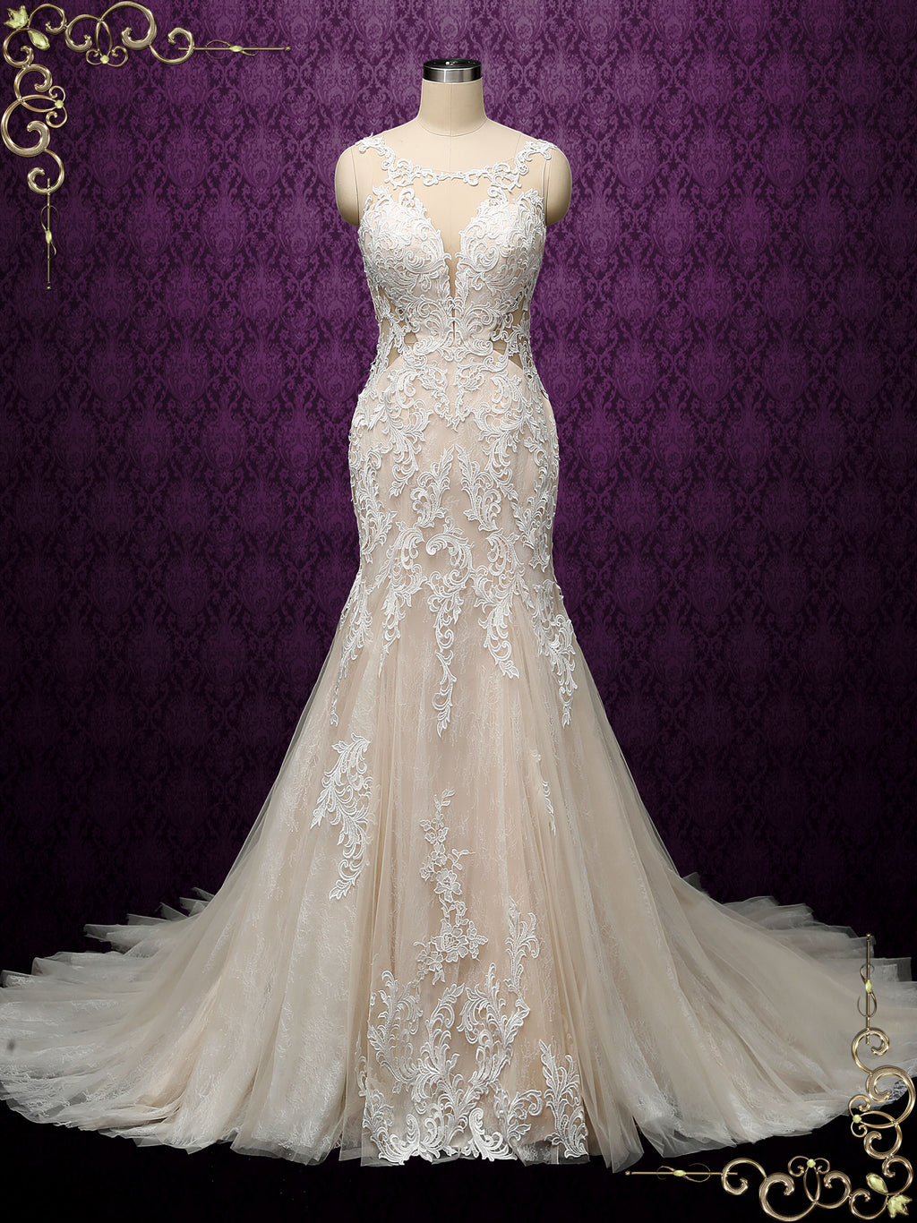 Champagne Fit and Flare Lace Wedding Dress
