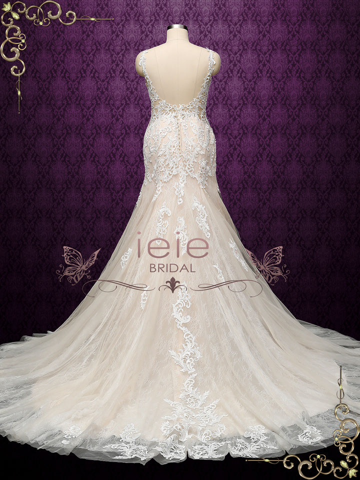 Champagne Fit and Flare Lace Wedding Dress | JULIAN Size 10 / Ivory Champagne Fit and Flare Lace Wedding Dress | JULIAN Size 10 / Ivory