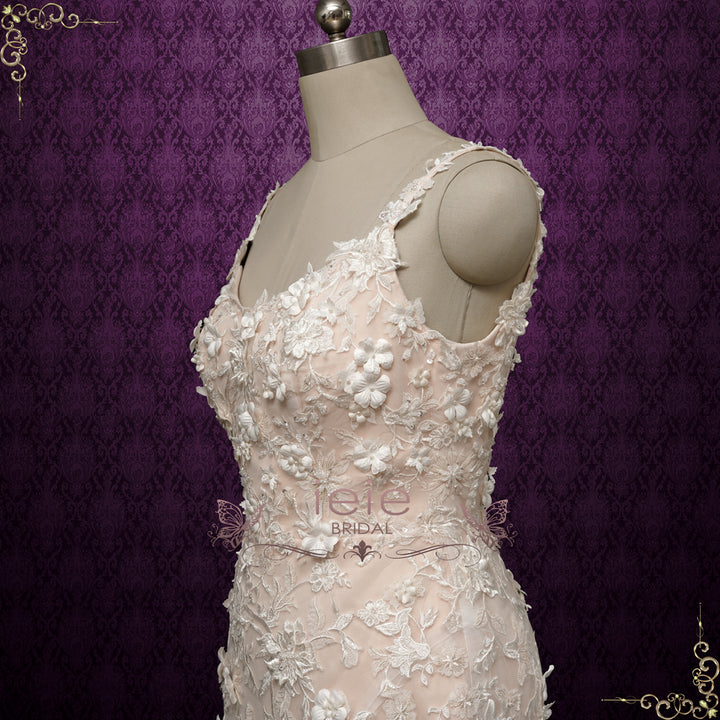 Sexy Champagne Lace Fitted Wedding Dress with 3D Flowers | ALEGRIA