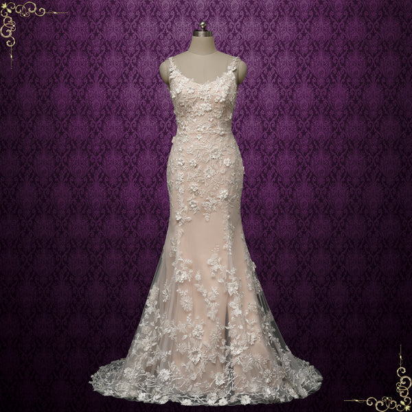 Sexy Champagne Lace Fitted Wedding Dress with 3D Flowers | ALEGRIA
