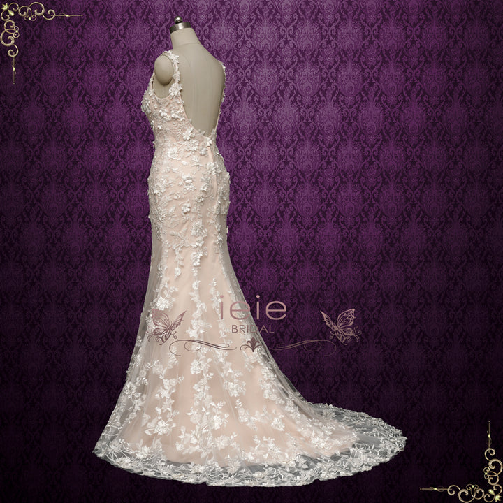 Sexy Champagne Lace Fitted Wedding Dress with 3D Flowers | ALEGRIA