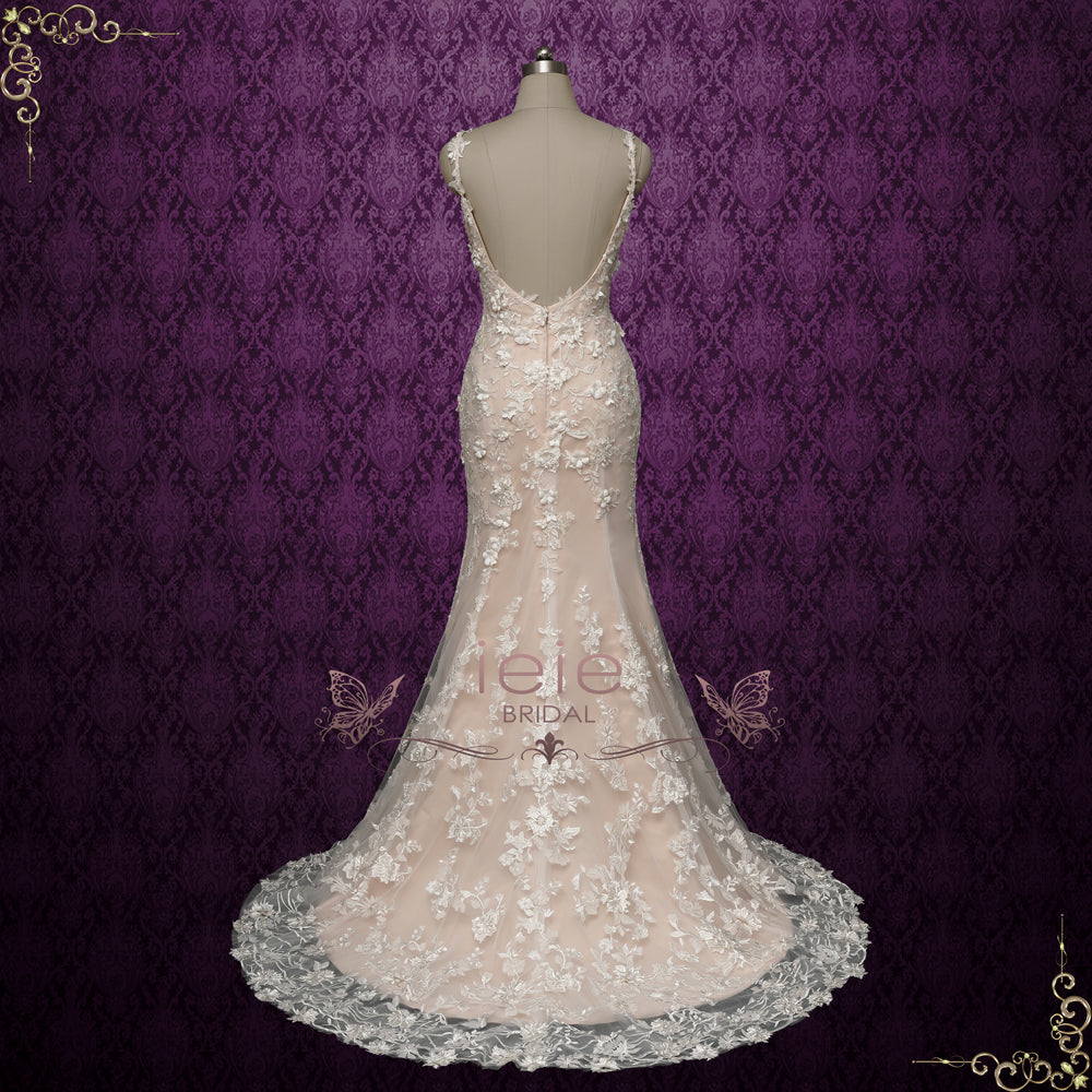 Sexy Champagne Lace Fitted Wedding Dress with 3D Flowers