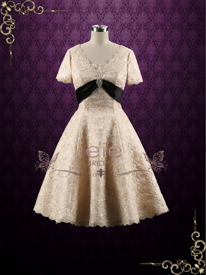 Retro Vintage Style Modest Tea Length Wedding Dress with short sleeves JACKIE