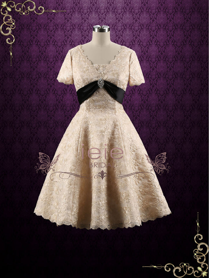 Retro Vintage Style Modest Tea Length Wedding Dress with short sleeves ieie Retro Vintage Style Modest Tea Length Wedding Dress with short sleeves ieie