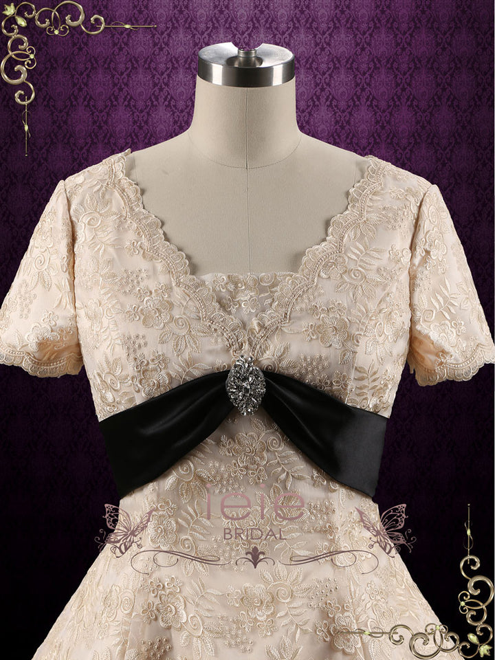 Retro Vintage Style Modest Tea Length Wedding Dress with short sleeves JACKIE