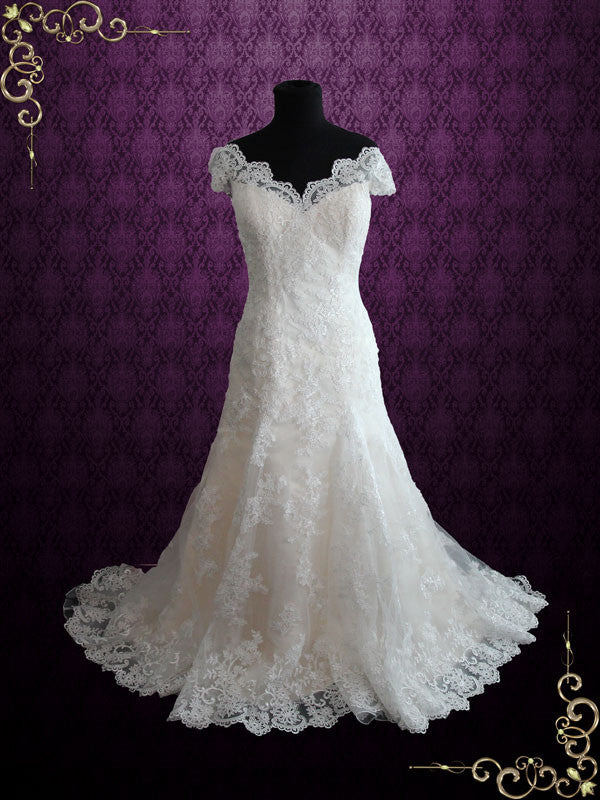 Fit and Flare Lace Wedding Dress with Cap Sleeves PATTY