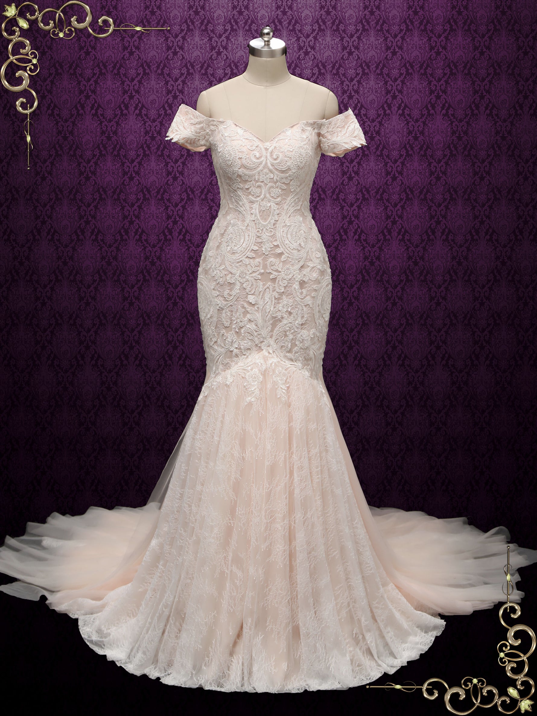 Sexy Unique Boho Backless Off the Shoulder Lace Mermaid Wedding Dress TEAH Size 8 / Champagne