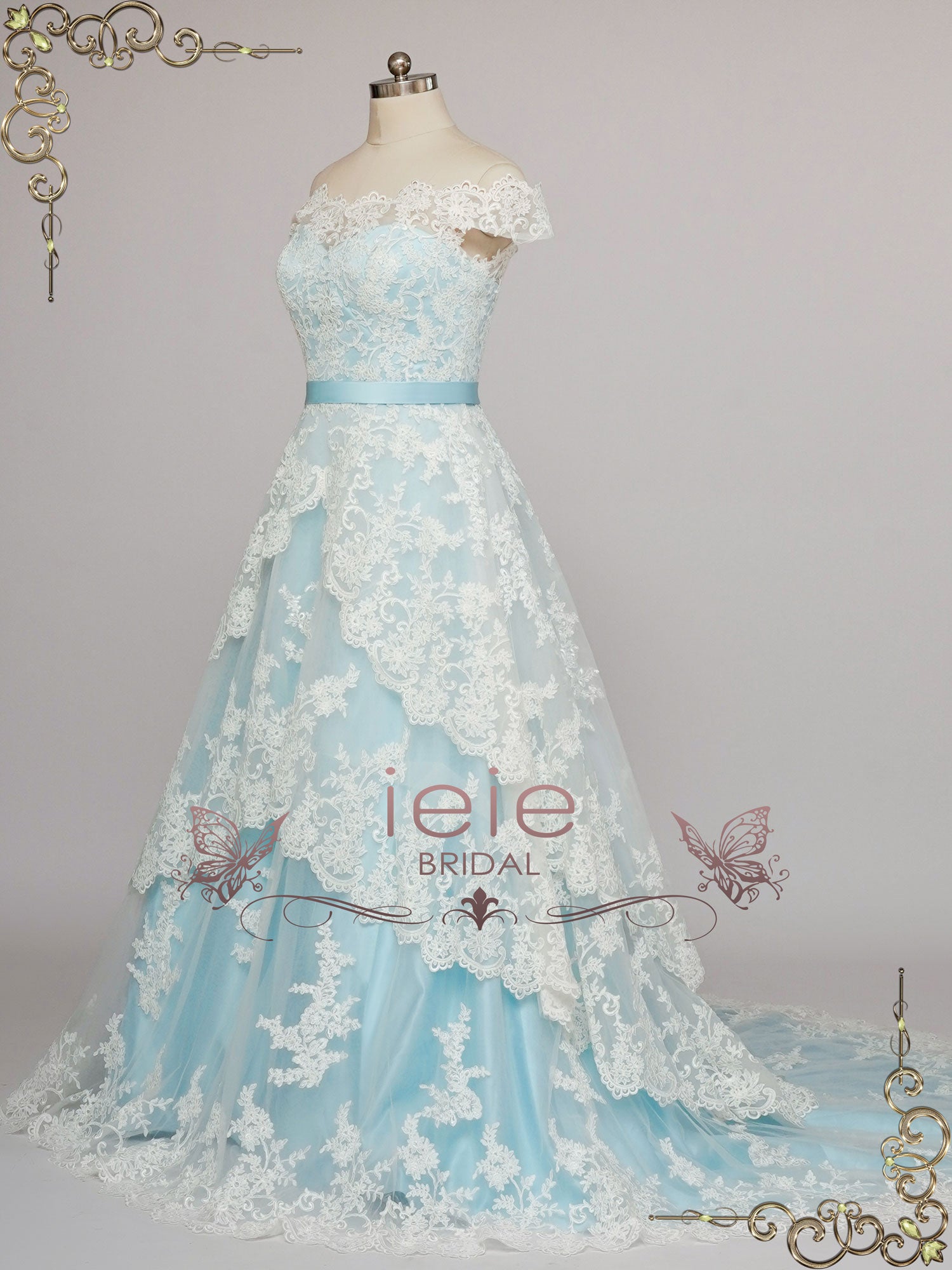 Blue Lace Wedding Dress with Tiered Lace Skirt MADELYN – ieie