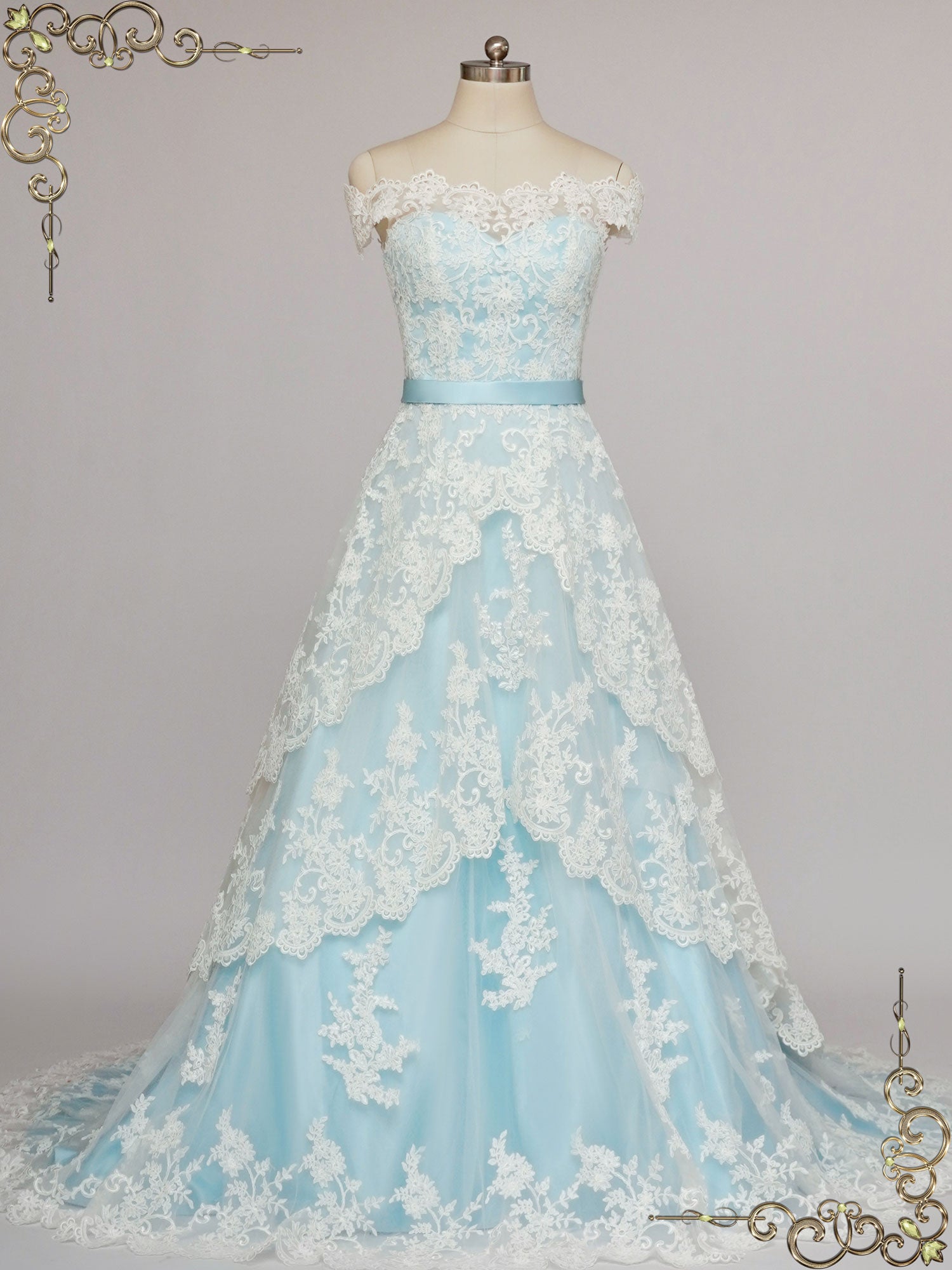 Blue Lace Wedding Dress with Tiered Lace Skirt MADELYN Size 10 / Blue
