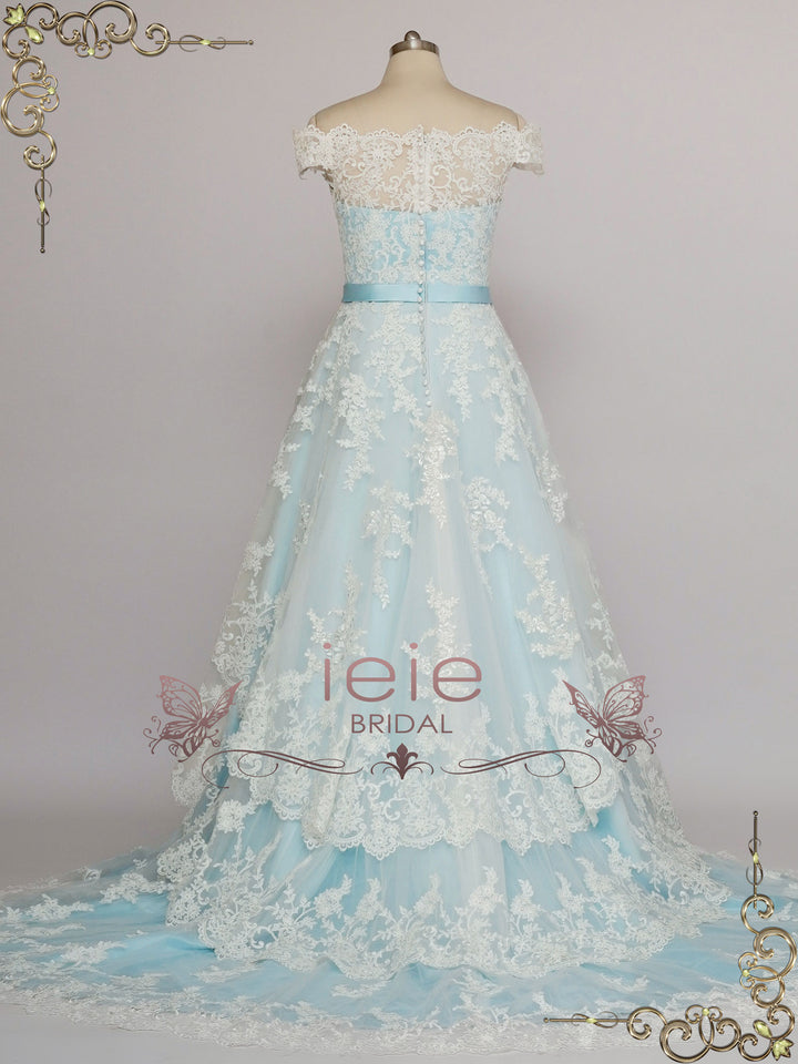 Blue Lace Wedding Dress with Tiered Lace Skirt MADELYN