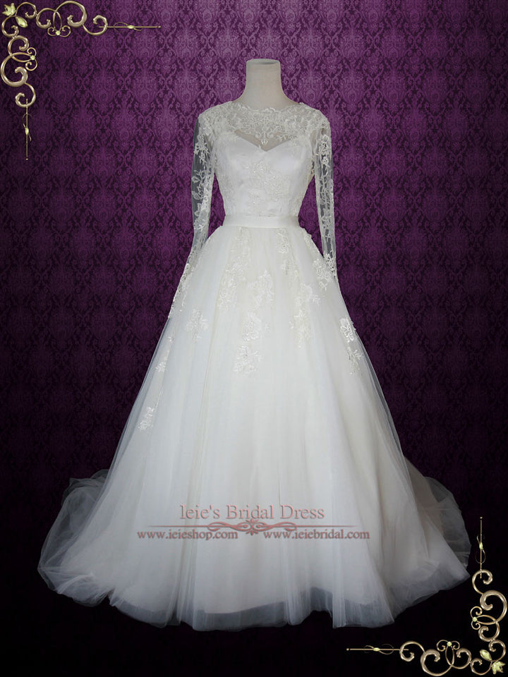 Convertible Lace Wedding Dress with Open Back Long Sleeves and Tulle Skirt