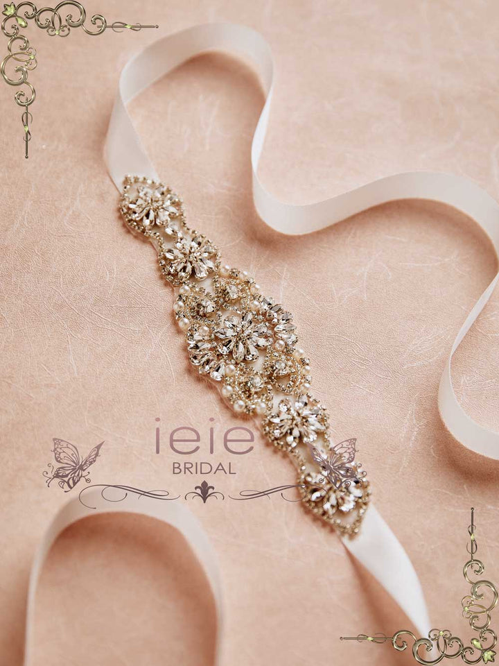 Crystal and Pearl Rhinestone Jeweled Tie On Sash BT2017