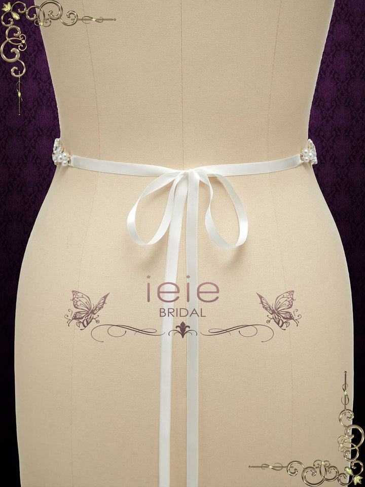 Crystal and Pearl Rhinestone Jeweled Tie On Sash BT2016