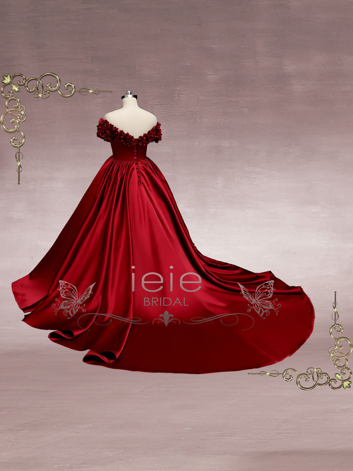 Ready to Wear Dark Red Ball Gown Wedding Dress with Roses Murina Ready to Wear Dark Red Ball Gown Wedding Dress with Roses Murina