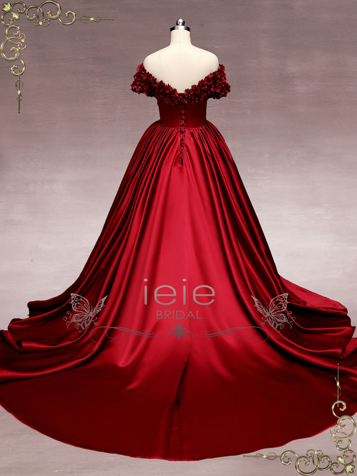 Dark Red Off the Shoulder Ball Gown Wedding Dress with Roses MURINA