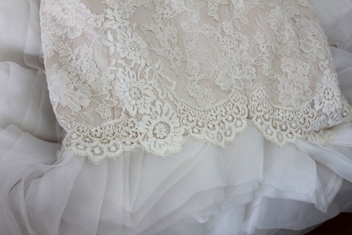 French Lace Scallop Hem Mermaid Wedding Dress with Organza Ruffles Strips JENNIFER