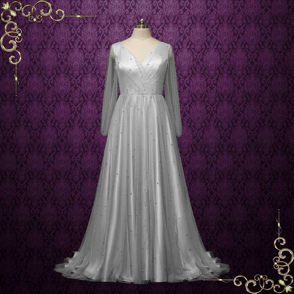 Soft Gray Pearl Adorned Wedding Dress | MARTINA